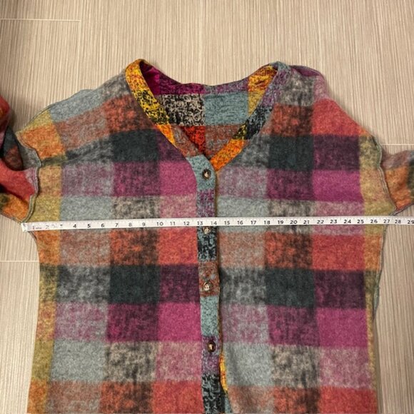 Colorful Plaid Button Front Cardigan Size XXL V-Neck Exposed Seams Casual - Picture 15 of 16